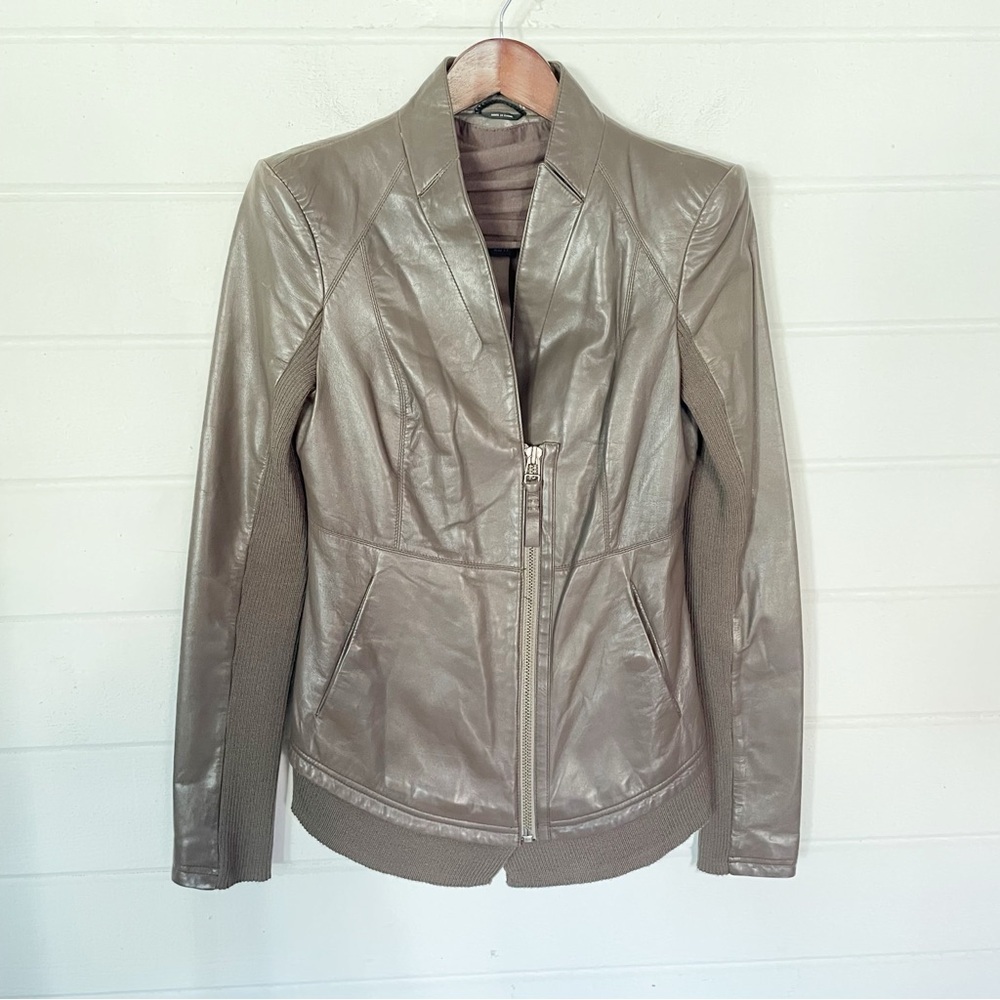 Mackage Lamb Leather Moto Biker Jacket with Knit Trim Taupe Women's Size XS-S